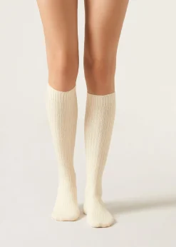 Chaussettes hautes côtelées en laine avec cachemire