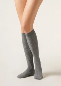 Chaussettes longues en cachemire côtelées